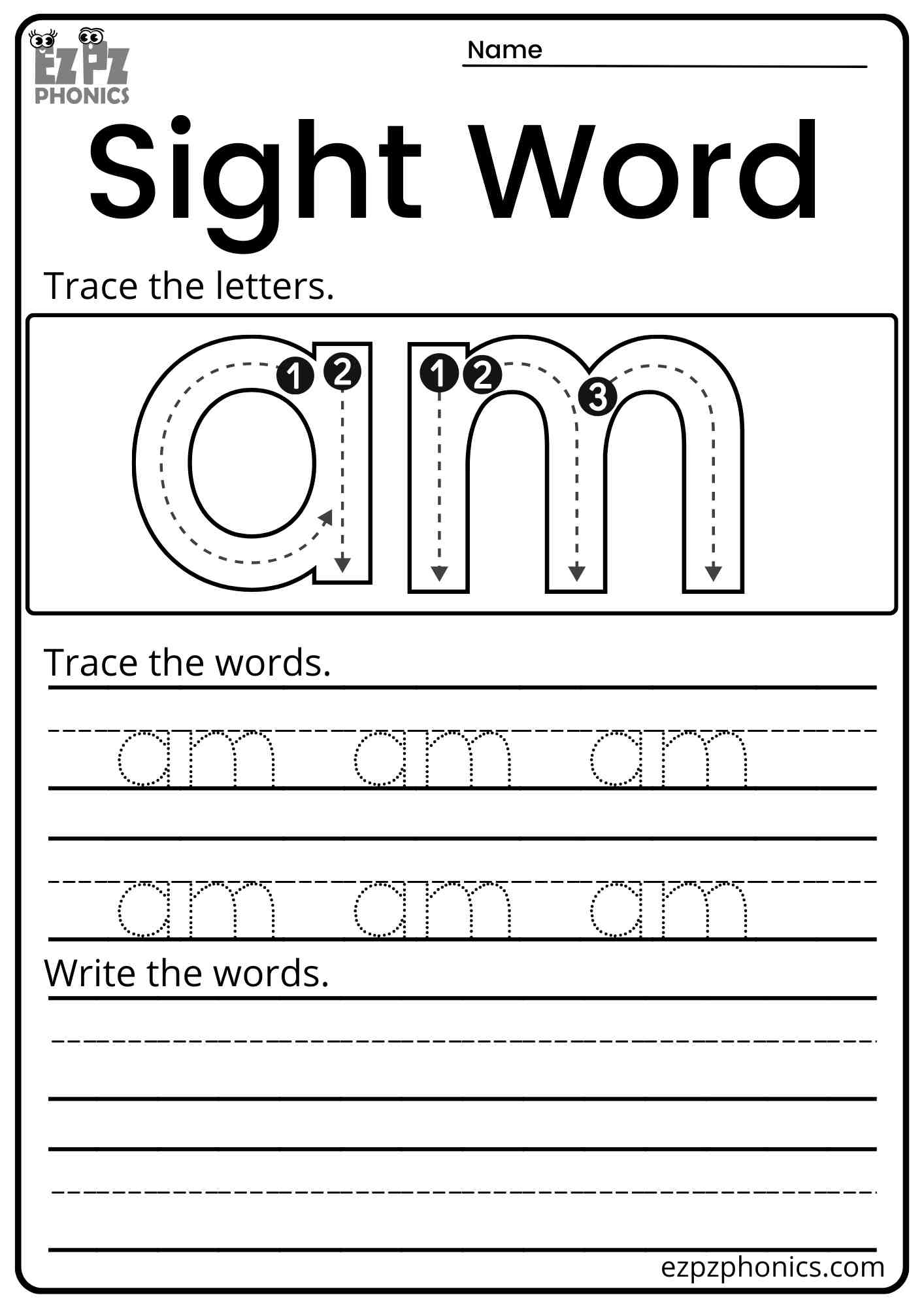 "Am" Dolch Kindergarten Sight Word Trace and Write Worksheet PDF Download